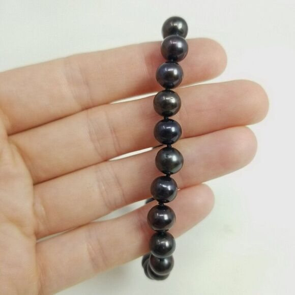 Vintage Black Cultured Pearl Beaded Bracelet, Yellow Gold Filled Clasp, Estate - Picture 3 of 9